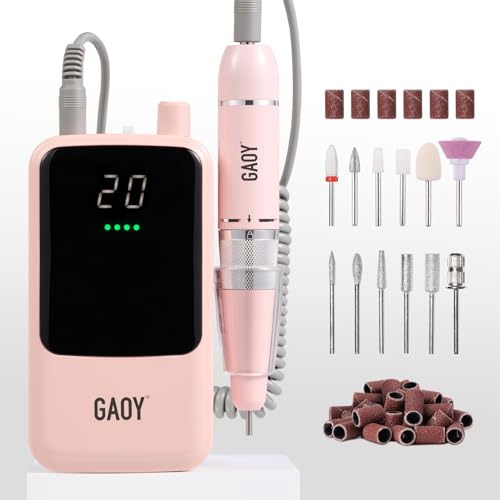 GAOY Rechargeable Cordless Nail Drill for Beginners, Electric Nail File with 12 Drill Bits and Sanding Band Set for Acrylic and Gel, Pink