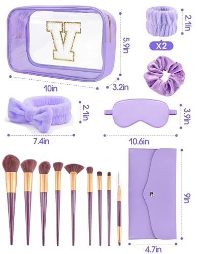 Gift Sets for Women, Initial Makeup Bag with Makeup Brush Set Bachelorette Party Favors, Purple Spa Kit with Skincare Headbands Wrist Bands Sleepover Party Supplies Gifts for Teen Girls Bridesmaid V