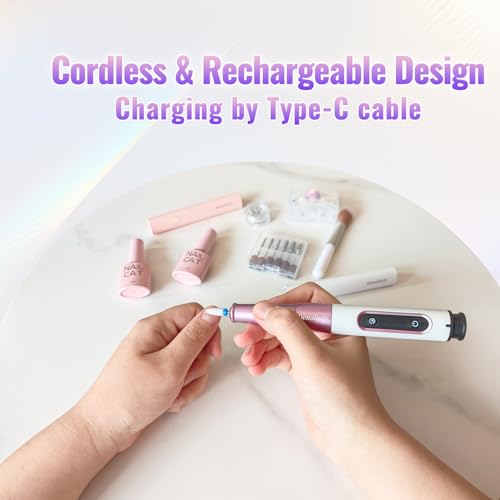 Nail Drill Cordless, Electric Nail File 12 in 1 with LED Display, Nail Drill Machine Professional Portable Rechargeable E File for Gel Acrylic Manicure Pedicure Set with 5 Speeds Purple