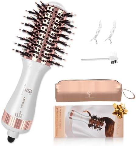 Travel Hair Dryer Brush, Nano Titanium 2 Inch One Step Hair Dryer & Styler Volumizer, Mini Oval Hot Air Brush, White and Rose Gold, HB004