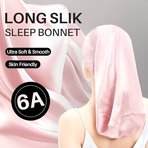Long Silk Hair Bonnet for Sleeping Women/Men, 100% Real Mulberry Silk Hair Wrap for All Long Hair Types, Night Cap for Hair Care/Hairstyle, Rosy Pink