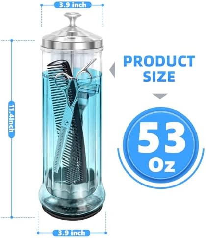 Glass Disinfectant Jar with anti-slip pad 53 Oz/1500ML, Barber Disinfectant Jar With Removable Basket, Large Sterilizing for Manicure & Pedicure Implements Stainless Steel 11.7"H x 3.8"W