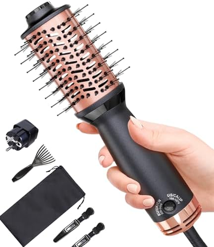 Travel Dual Voltage Hair Dryer Brush, Small Hot Air Brush for European Travel, Compact 2 Inch One Step Blowout and Volumizer Hair Blow Dryer with Oval Design, Rose Gold