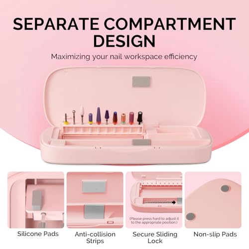 [2025 Upgraded]MelodySusie Acrylic Nail Tool Storage Box,Portable Dustproof Stand Displayer Holder Organizer Container Manicure Efile Accessories Nail Drill Kit Case,Travel Salon Home,Pink(Only Box)