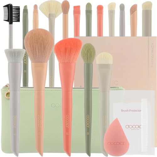 Docolor Makeup Brushes 17 Pcs with Makeup Bag and Makeup Sponge and Brush Protector Morandi Makeup Brush Set Premium Synthetic hair makeup brush Wooden handle Gift Box