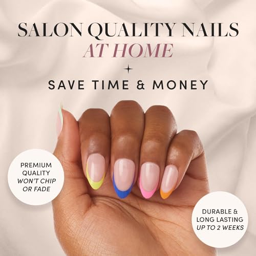 Glamnetic Press On Nails - Sprinkles | Rainbow French Tip Nails, UV Finish Short Pointed Almond Shape, Reusable Semi-Transparent Nails in 12 Sizes - 24 Nail Kit with Glue