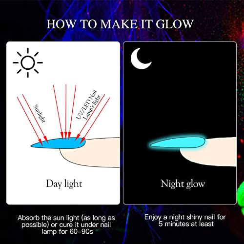 Glow in the Dark Gel Nail Polish, 6 Colors Luminous Neon Gel Polish Set Fluorescent Bright Colors Hot Pink Yellow Purple Glow Effect Soak Off UV Gel Polish for DIY Nail Art Design