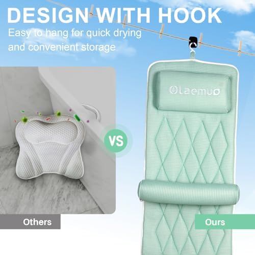 Full Body Bath Pillow Bathtub Pillows-Removable Lumbar Cushion with 17 Non-Slip Suction Cups 4D Air Mesh Fit Any Tub Luxury Bathroom Accessories-Green