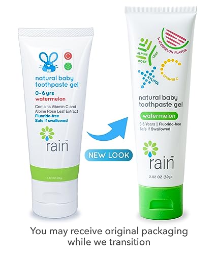 Baby Toothpaste 6 to 12 Months - Rain Fluoride Free Tooth Paste Gel for Infant Toddler Kids 0-6 Years and Up, Safe to Swallow, 2.8 Oz, Babies Training, Xylitol, Vitamin C, Vegan, SLS Free, Gluten Free