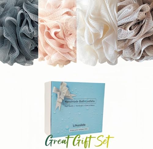 Loofah-Bath Sponge Set-Large, 4 Pack Bath Scrubbers, Soft Mesh Family Use Puff-Cleansing Body Scrub for Men and Women: Skin Soothing Exfoliation Tools (Dark Blue-White-Pink-Light Brown-60g)