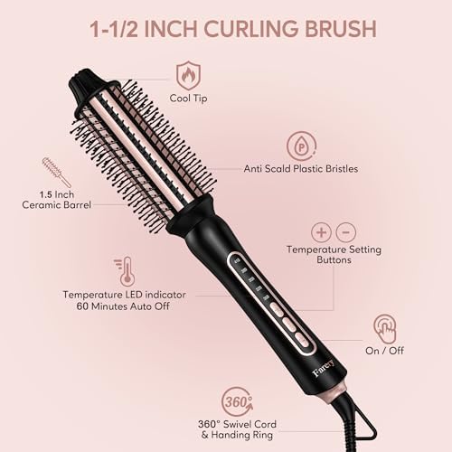 Thermal Brush 5 Adjustable Temps, 1.5 Inch Hot Curling Brush for Big Bouncy Curls, Non-Blowing Heated Round Brush, Ceramic Curling Wand for Medium & Long Hair, Dual Voltage for Travel