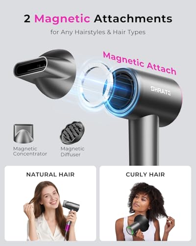 SHRATE Professional High Speed Ionic Hair Dryer | Ultra-Fast Drying | 500 Million Negative Ions | Low Noise | 160000 RPM | Compact Blow Dryer with Magnetic Diffuser for Faster Drying All Hair Types