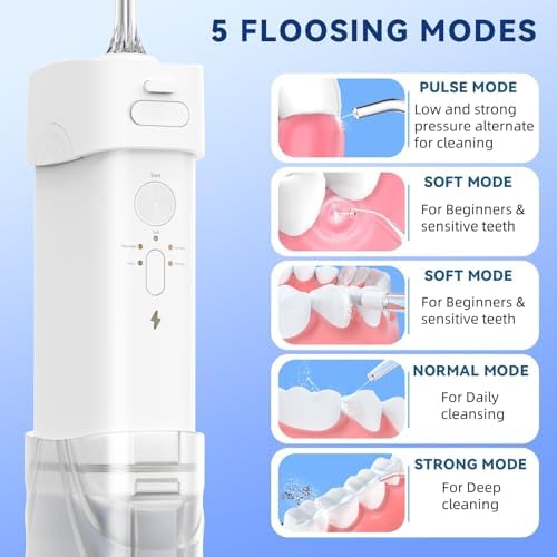 Portable Cordless Water Dental Flosser,Travel Size Collapsible Storage 5 Modes, 200 ML Telescopic Water Teeth Cleaner Pick, IPX 7 Waterproof Rechargeable,5 Jet Tips 360°Rotation (White)