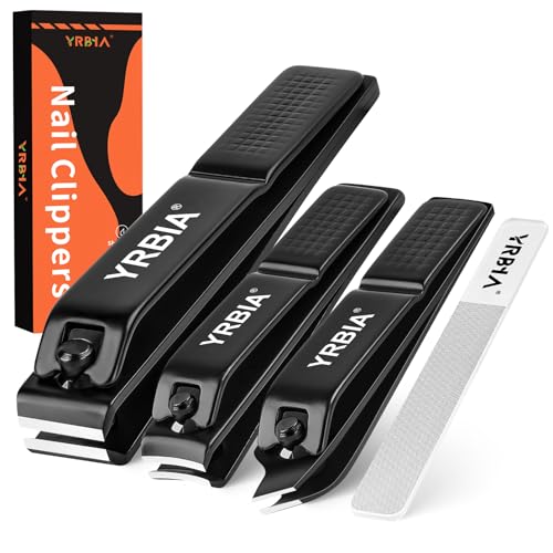 Nail Clippers with Glass Nail File, YRBIA Ultra Sharp Nail Clipper Set, Professional Stainless Steel Fingernail & Toenail Clippers Nail Cutter Set for Men & Women Black