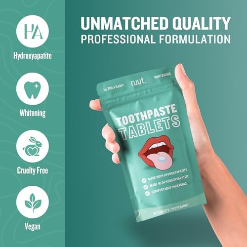 Ruut Toothpaste Tablets, Hydroxyapatite Remineralizing Eco Friendly Tablets, Fluoride Free Travel Tooth Tabs for Sensitive Teeth, Chewable Toothpaste Bites, Peppermint - 1 Month