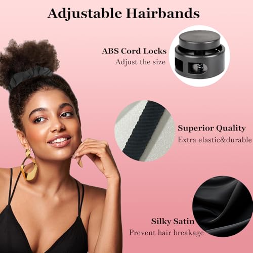 4pcs Black Adjust Satin Hair Scrunchies for Women Girls, Adjustable Hair Ties Soft Than Silk for 4c Girlie Thick Curly Natural Hair, Easy to Use Hair Accessories for Afro Puff Loc Ponytails