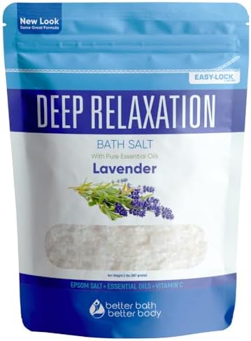 Deep Relaxation Bath Salt 32 Ounces Epsom Salt with Natural Lavender Essential Oil Plus Vitamin C in BPA Free Pouch with Easy Press-Lock Seal