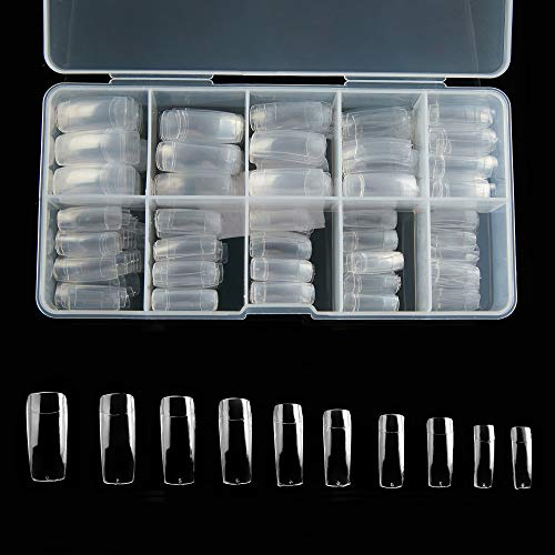 Half Cover Acrylic False Nail Tips, 1000PCS Fake Nail Shape Artificial False Nails Tips 10 Sizes with Case for Nail Art Salons and Home DIY (Clear+Natural)