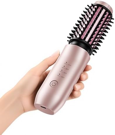Cordless Curling Iron Brush, 1.5 Inch Mini Travel Hair Curler with 200 Million Negative Ions, Portable Heated Round Straightener Brush Rechargeable for Curl, Touch-Up, De-Frizz, Styling, Rose Gold