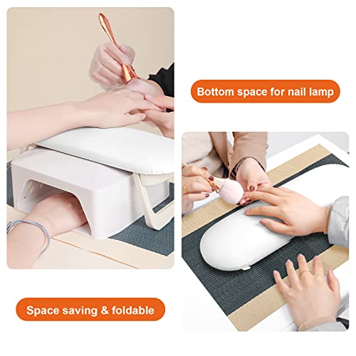 Nail Arm Rest, Foldable PU Leather Nail Hand Rest For Manicure, with Soft Nail Mat for Table, Soft Hand Rest for Acrylic Nails/Nail Hand Pillow for Manicure Salon Use-white