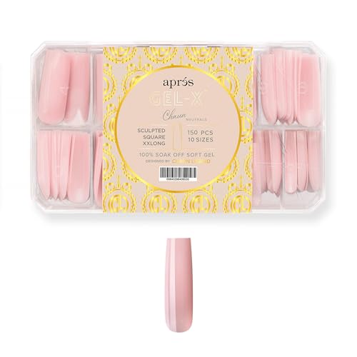 APRÉS x Chaun Legend Neutrals "CHAUN" Gel-X Box Of Nail Tips, Exclusive Tapered, 10 Sizes 0-9, Soft Gel Tip Box (150pcs) (Sculpted Square Extra Extra Long, 150)