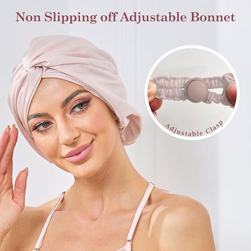 Adjustable Silk Satin Bonnet for Sleeping Hair Wrap, Double Layer Sleep Cap, Night Turban for Large Long Curly Braid Women Men Hair - Pale Blush Pink