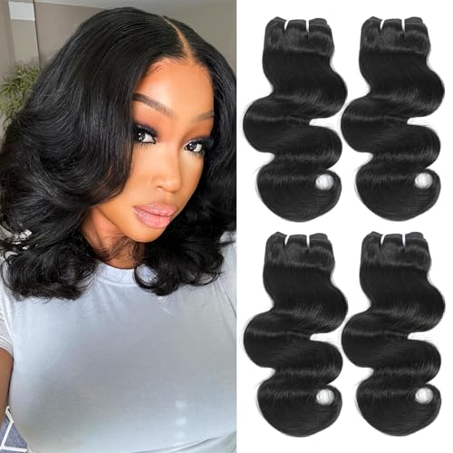 Body Wave Bundles Human Hair 12 Inch 12A Human Hair Bundles 100% Unprocessed Brazilian Virgin Hair Quick Weave Deals 4 Bundles Human Hair Natural Black Color (12/12/12/12, 4 Bundles)