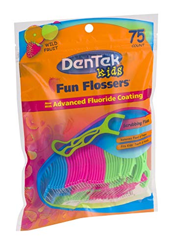 DenTek Kids Fun Flossers, Removes Food & Plaque, Wild Fruit Flavored Floss Picks, 75 Count, 6 Pack