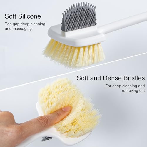 Foot Scrubber Toe Cleaning Brush, 3 Pack Shower Foot Scrubber with Long Handle, Double-Sided Silicone and Soft Bristle Brush for Skin Exfoliation, Seniors, Adults, Grey Purple Green