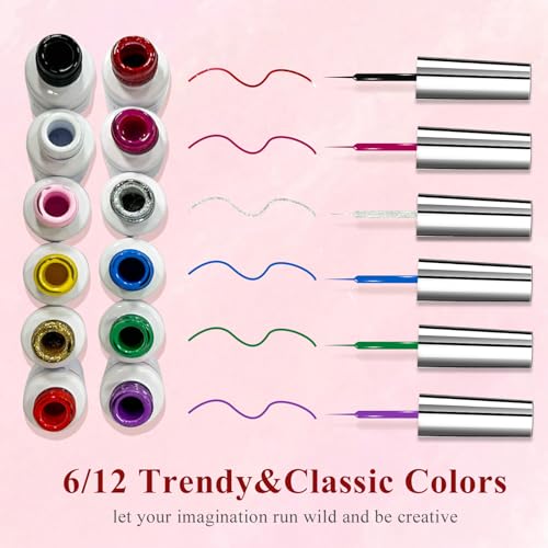 Nail Art Gel Liner Set, 12 Colors Black Red Pink Yellow Green Glitter Fall Winter Gel Polish for Swirl French Tip Painting Designs Soak Off Built Thin Brush DIY Nail Design Kit