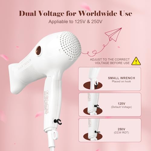 Travel Hair Dryer Mini with Diffuser&Concentrator,110~250V Dual Voltage Hair Dryer Blow Dryer Mini Size for European Travel, Portable Blow Dryers for Women and Men with EU Plug