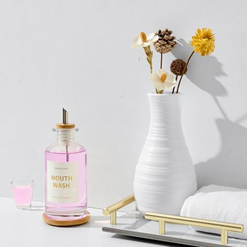 Glass Mouthwash Dispenser for Bathroom, 11.8oz Mouthwash Holder with Stianless Steel Spouts, Mouthwash Decanter with Bamboo Holder, Refillable Cups, Reusable Funnel, Golden Stickers
