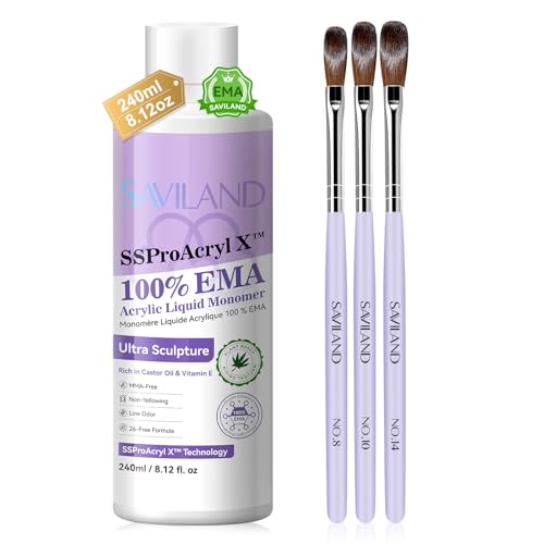 SAVILAND SSPro X Pure EMA Monomer Acrylic Nail Liquid: 240 ml Large Capacity Nail Monomer Liquid wtih 3Pcs Acrylic Nail Brushes for Nail Carving Extension Non Yellowing Home
