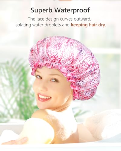mikimini Shower Caps, Reusable Bath Shower Caps 2 Packs for Women Long Hair, Double Layer Waterproof Bathing Shower Hat for Girls, Floral Print