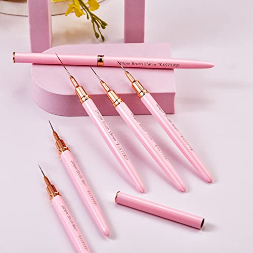 Striping Nail Art Brushes, 6pcs Super Fine Striper Brush Set for Long Lines, Thin Details, Fine Drawing, Delicate Coloring, Elongated Lines, Pink Metal Handle Nail Brushes (5/7/9/11/15/25mm)