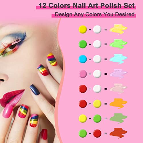 Nail Art Polish Set Gel Liner Kit For Nail Design Polish Paint For Nail 12 Colors Black White Gel Nail Polish Soak off Curing Requires 8ml with Thin Nail Art Brush