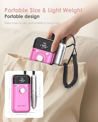 Portable Nail Drill Professional: 45000 RPM Rechargeable Electric Nail Drills Machine with 6 Bits, Drill para Uñas Profesional E File for Acrylic, Gel Nails, Manicure & Pedicure - Salon & Home Use