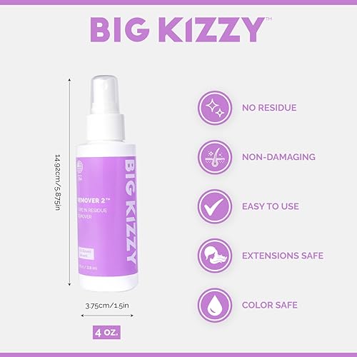 Big Kizzy Remover 2 (4oz) - Tape In Extension Remover for Residue - Quick + Non-damaging Human Hair Extension, Wig, & Hair System Adhesive Residue Remover