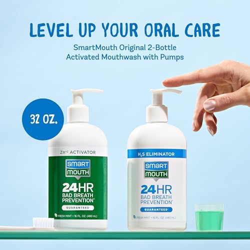 SmartMouth 2-Bottle Activated Mouthwash System with Pumps - Adult Mouthwash for Bad Breath - Twice Daily Oral Care System with Zinc Ion Technology - Fresh Mint Flavor, 32 fl oz (16 oz per Bottle)