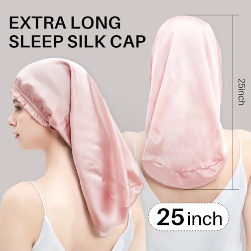 Long Silk Hair Bonnet for Sleeping Women/Men, 100% Real Mulberry Silk Hair Wrap for All Long Hair Types, Night Cap for Hair Care/Hairstyle, Rosy Pink