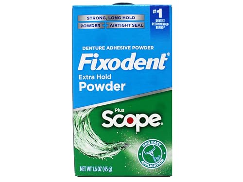 Fixodent Denture Adhesive Powder, Extra Strong, Plus Scope, Strong, Long Hold Powder, Airtight Seal, 1.6 OZ, Pack of 3