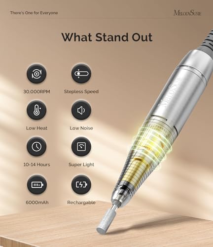 MelodySusie Professional Nail Drill 30000RPM, SC320D Rechargeable Electric Nail Drill Machine, Cordless Nail E File for Acrylic Gel Nails, 8pcs Nail Bits 50pcs Sanding Bands, Selene Pink