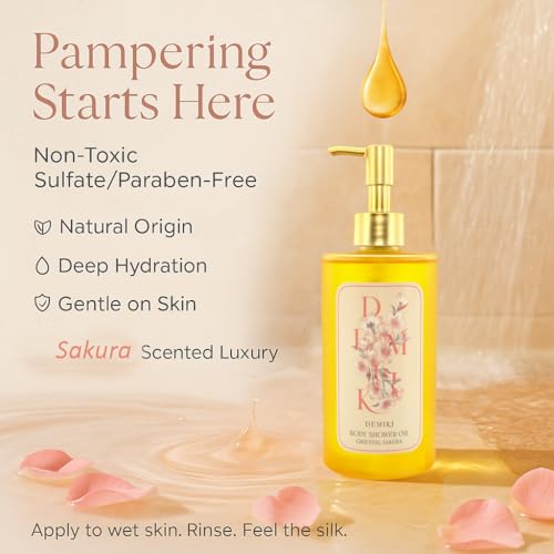 Moisturizing Bath Oil for Dry & Sensitive Skin. Nourishing & Hydrating Winter Care Shower Oil, Soothes & Softens, Locks in Moisture,Sakura Scent, 10 Fl.oz (300ml)
