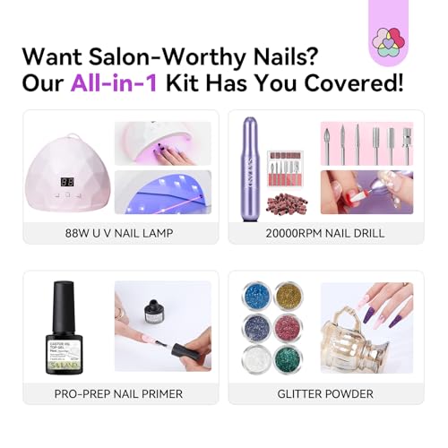SAVILAND Essentials Acrylic Nail Kit: All-In-1 Nails Kit Acrylic Set with 88W Nail Lamp EMA Monomer Gel Nail Polish Nail Drill Cuticle Remover Home DIY Starter