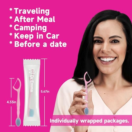 Dr. Emma Mini Brush Disposable Toothbrushes with Floss, Travel Mint Toothbrush for On-The-Go Use, 24 Packs Individually Wrapped Small Portable Toothbrush, Pink
