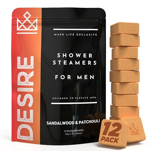 Shower Steamers for Men - Desire - Sandalwood & Patchouli Organic Shower Bombs - 12 Pack Natural Relaxing Tablets - Strong Scented Long Lasting Aromatic Steamers - Shower Steamers for Men