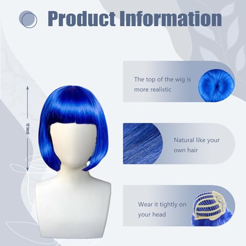 Wig and Sunglasses 12 Inch Short Bob Wigs with Bangs for Women Costume Cosplay Party (Blue)