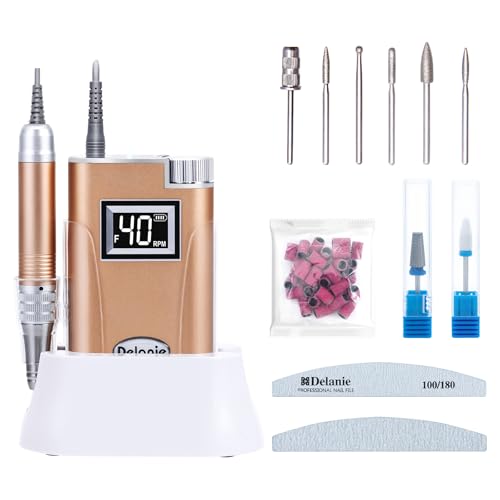 Delanie 2 in 1 Nail Drill with Charging Stand Carbide Ceramic Bits, 40000 RPM Rechargeable Electric Nail File Filer, Gold
