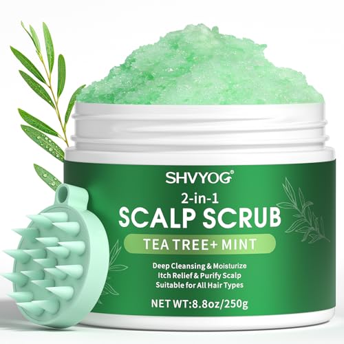 SHVYOG Scalp & Body Scrub, Tea Tree Exfoliator Scrub Shampoo with Peppermint & Sea Salt, Anti-Dandruff Detox Clarifying Exfoliator for Build Up, Itchy Scalp, Oily & Dry Hair with Scalp Massager