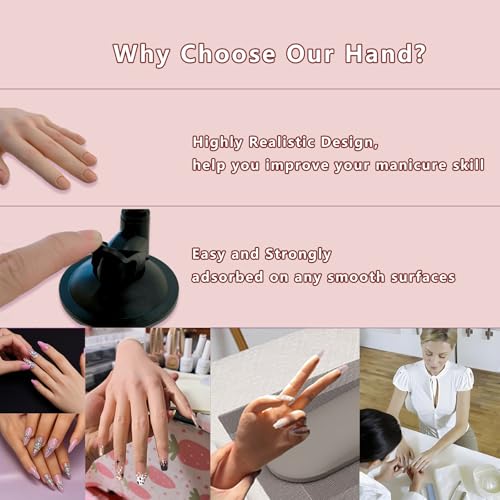 Practice Hand for Acrylic Nails, Realistic, Silicone, Fake Hand with Strong Suction Cup, Nail Practice Hand with Acrylic Nails and Jelly Gel, Realistic Mannequin Hand
